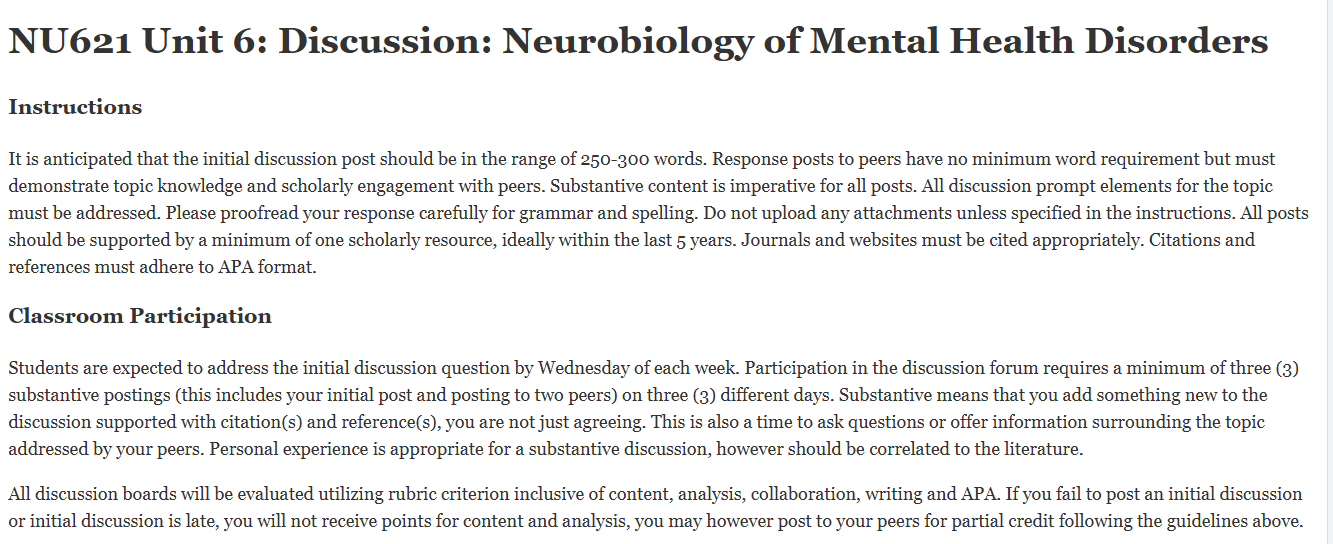 (FINAL ANSWER) NU621 Unit 6: Discussion: Neurobiology of Mental Health Disorders