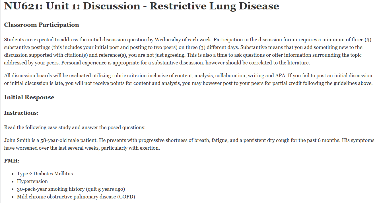 (FINAL ANSWER) NU621: Unit 1: Discussion – Restrictive Lung Disease