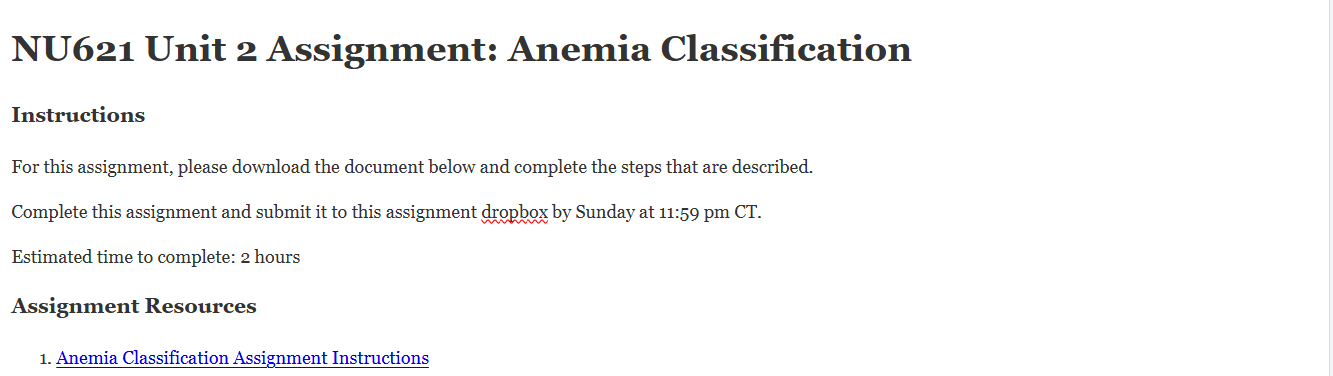 (FINAL ANSWER) NU621 Unit 2 Assignment: Anemia Classification