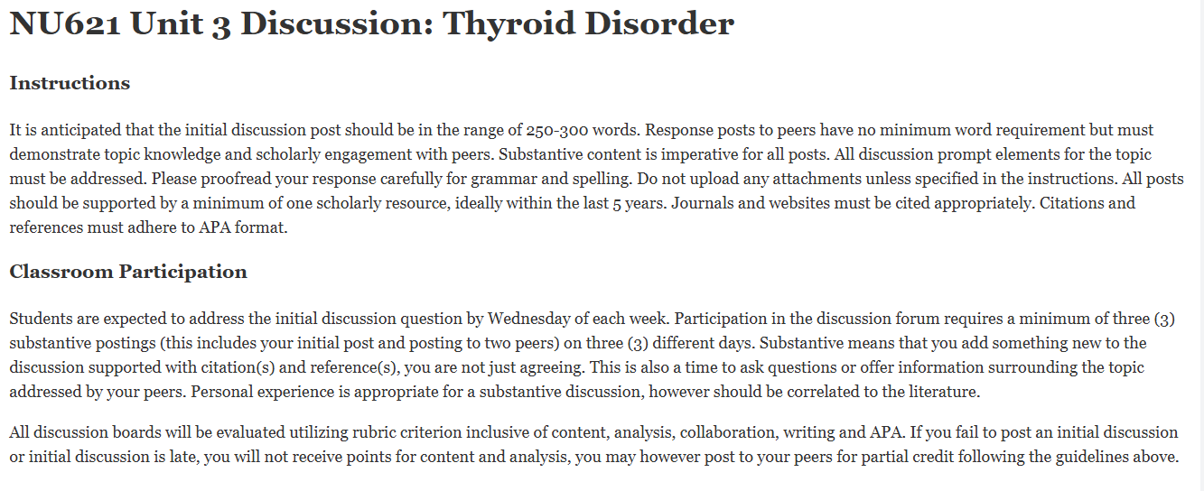 (FINAL ANSWER) NU621 Unit 3 Discussion: Thyroid Disorder