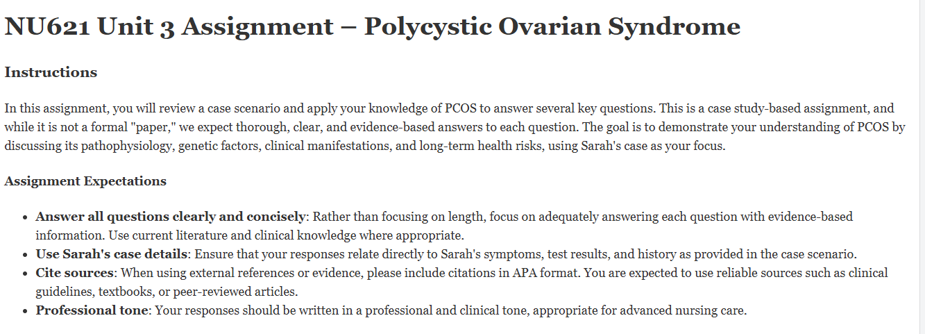 (FINAL ANSWER) NU621 Unit 3 Assignment – Polycystic Ovarian Syndrome