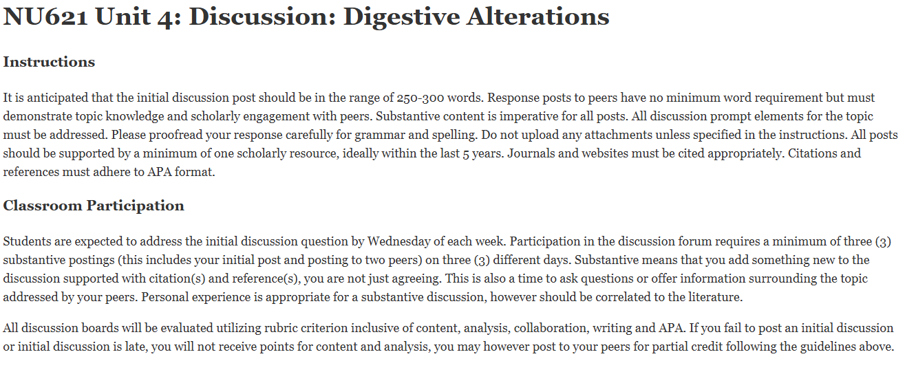 (FINAL ANSWER) NU621 Unit 4: Discussion: Digestive Alterations